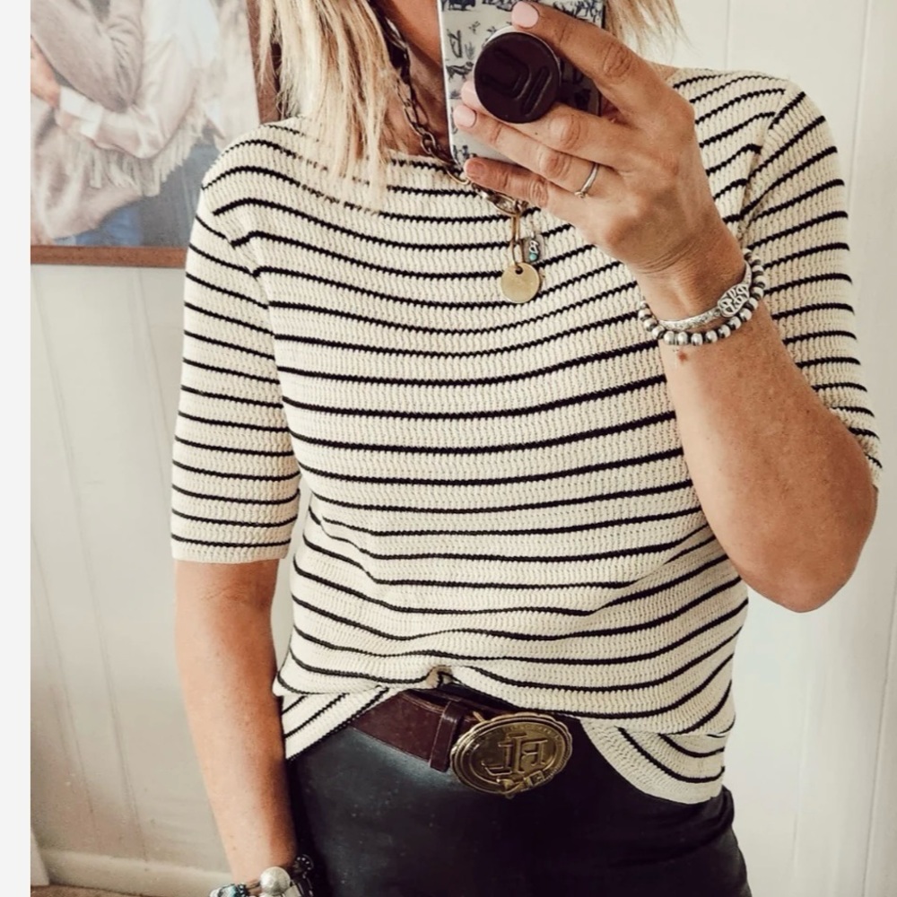 En Crème Cream/Black Stripe Boatneck 3/4 sleeve knit top, one size (S-M)